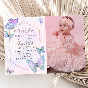 Butterfly Kisses Butterfly Girls Birthday Photo Invitation