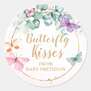 Butterfly Kisses Eucalyptus Pink Baby Shower Favou Classic Round Sticker
