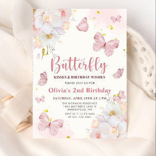 Butterfly Kisses Floral Boho Pink Girl Birthday Invitation