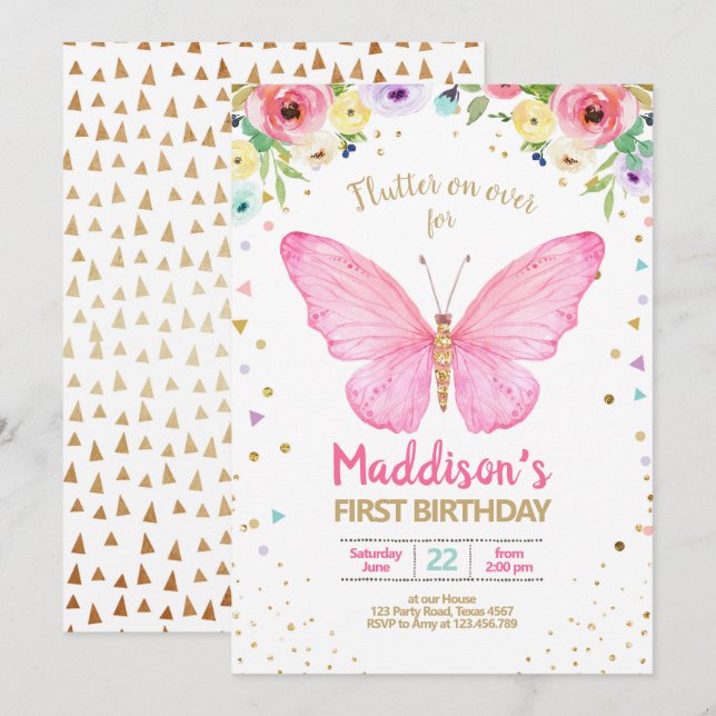 Butterfly Kisses Garden Floral Confetti Birthday Invitation (Front/Back)