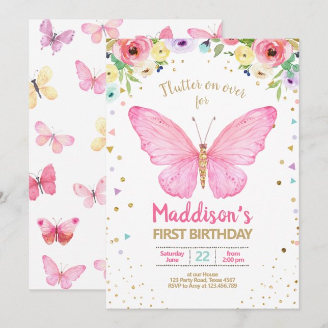 Butterfly Kisses Garden Floral Confetti Birthday Invitation (Front/Back)