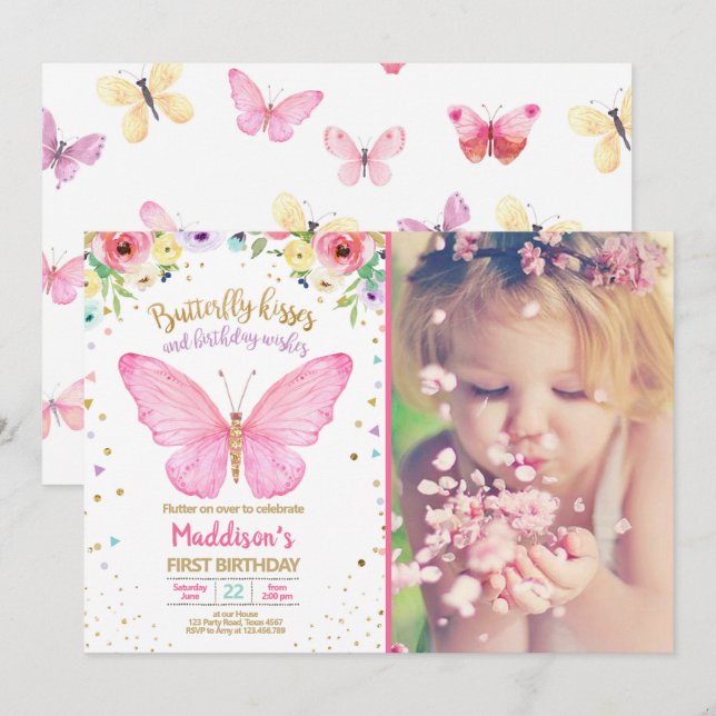 Butterfly Kisses Garden Floral Confetti Birthday Invitation (Front/Back)