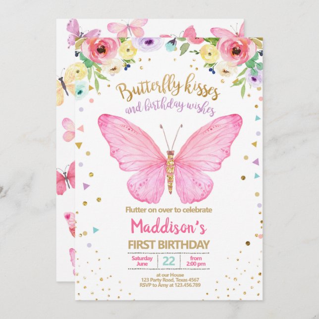 Butterfly Kisses Garden Floral Confetti Birthday Invitation (Front/Back)