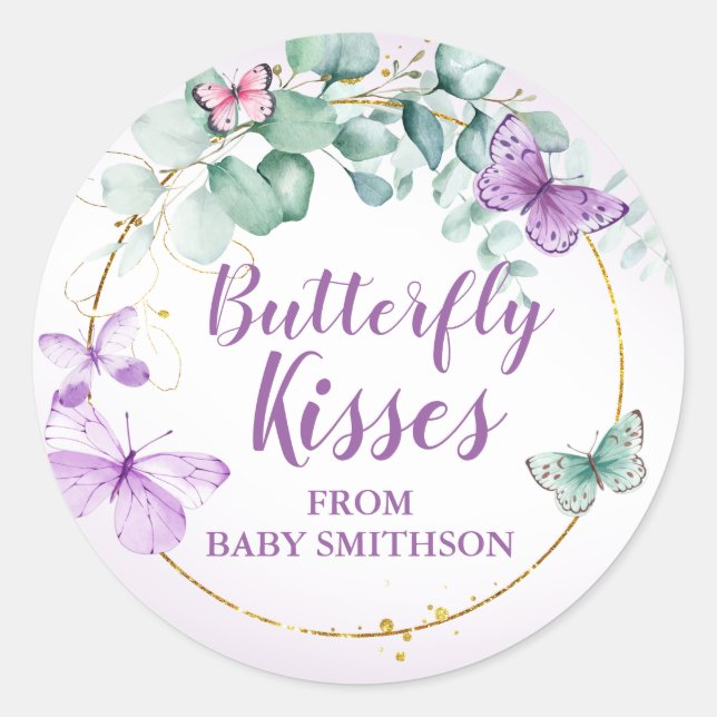 Butterfly Kisses Garden Purple Baby Shower Favour Classic Round Sticker (Front)