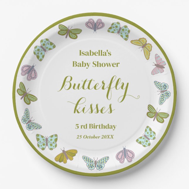 Butterfly kisses Girl Baby Shower Decor Paper Plate (Front)