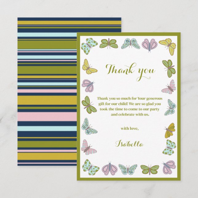 Butterfly kisses Girl Baby Shower Thank you card (Front/Back)