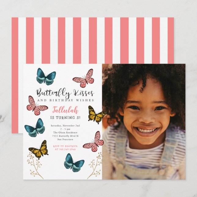 Butterfly Kisses Girls Birthday Party Photo Invitation (Front/Back)