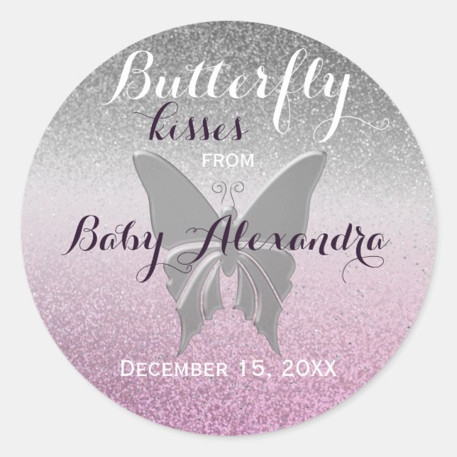 Butterfly Kisses Glitter Purple Baby Shower Classic Round Sticker (Front)