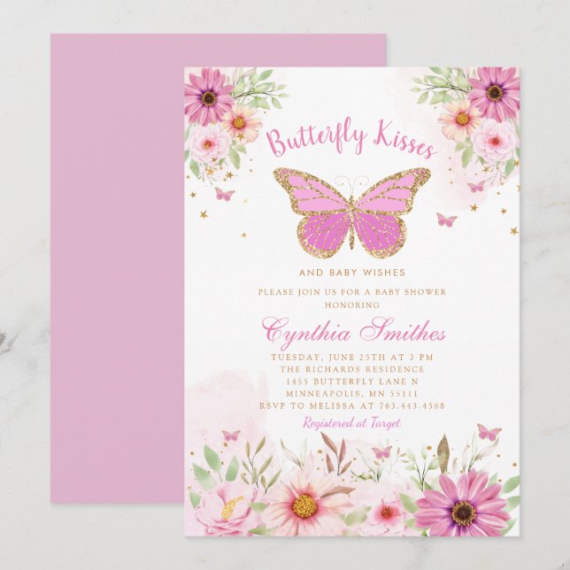 Butterfly Kisses Gold Pink Floral Girl Baby Shower Invitation (Front/Back)