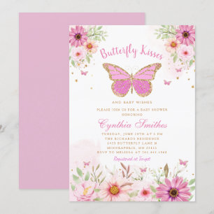 Butterfly Kisses Gold Pink Floral Girl Baby Shower Invitation