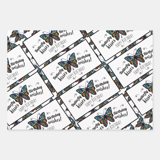 Butterfly Kisses Happy Birthday Wrapping Paper Sheet (Front)