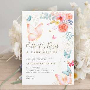 Butterfly Kisses Peachy Garden Baby Girl Shower Invitation