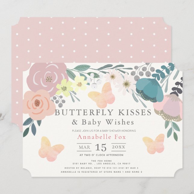 Butterfly Kisses Pink Floral Baby Shower Invitation (Front/Back)
