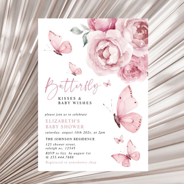Butterfly Kisses Pink Floral Girl Baby Shower Invitation (Creator Uploaded)