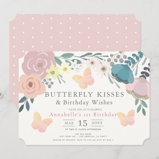 Butterfly Kisses Pink Floral Girl Birthday Invitation (Front/Back)