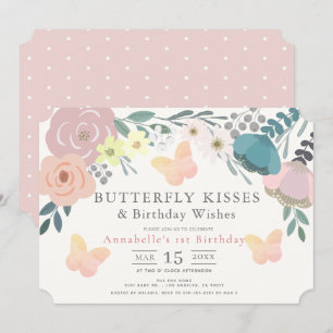 Butterfly Kisses Pink Floral Girl Birthday Invitation