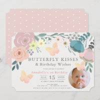 Butterfly Kisses Pink Floral Girl Birthday Photo