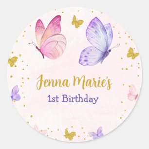 BUTTERFLY KISSES PINK & PURPLE 1ST BIRTHDAY CLASSIC ROUND STICKER