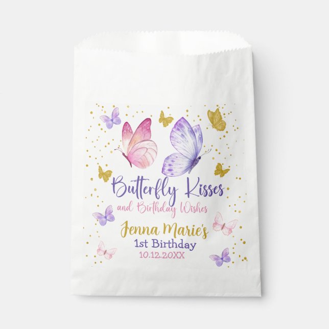 BUTTERFLY KISSES PINK & PURPLE 1ST BIRTHDAY FAVOUR BAGS (Front)