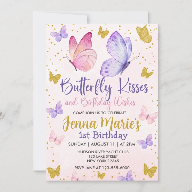 BUTTERFLY KISSES PINK & PURPLE 1ST BIRTHDAY INVITATION (Front)