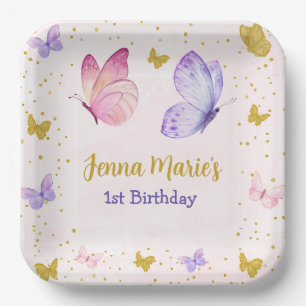 BUTTERFLY KISSES PINK & PURPLE 1ST BIRTHDAY PAPER PLATE