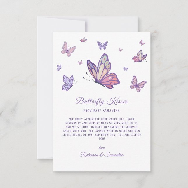 Butterfly Kisses Purple Baby Shower  Thank You Card (Front)