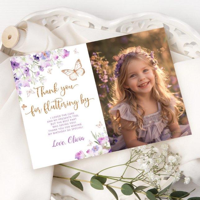 Butterfly kisses purple birthday photo thank you invitation (Creator Uploaded)