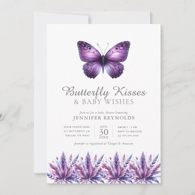 Butterfly Kisses Purple Floral Girl Baby Shower Invitation (Front)