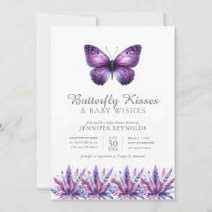 Butterfly Kisses Purple Floral Girl Baby Shower Invitation