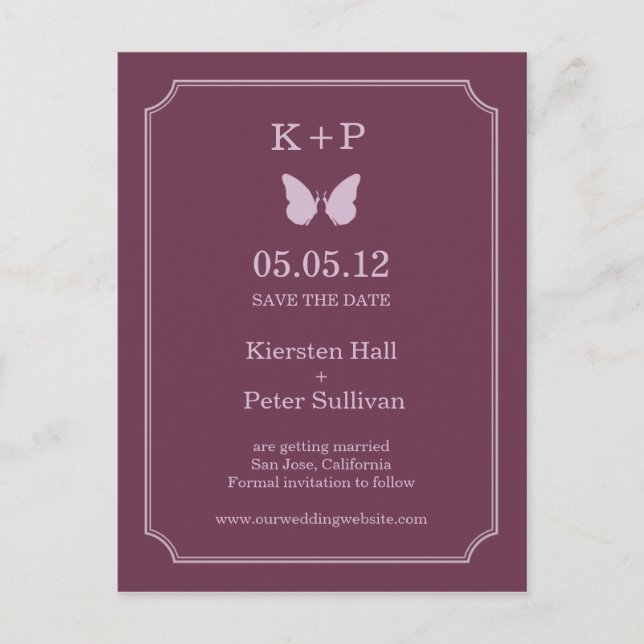 Butterfly Kisses Save The Date Postcards - Plum (Front)