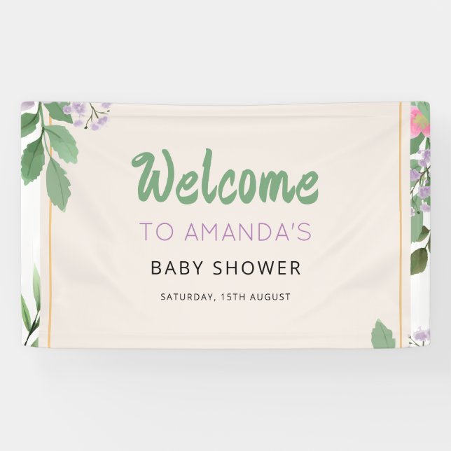 Butterfly Kisses Violet Flowers Baby Shower Banner (Horizontal)