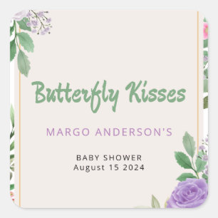 Butterfly Kisses Violet Flowers Baby Shower Square Sticker