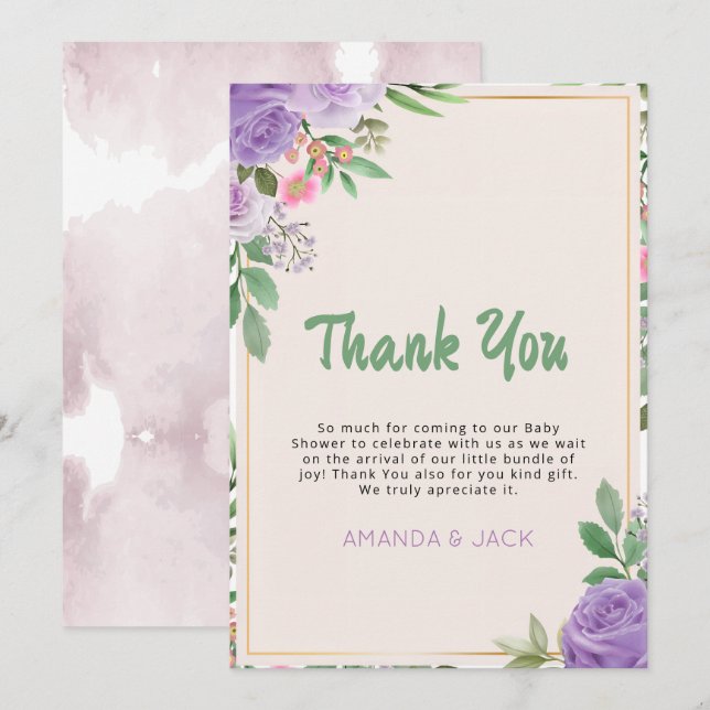 Butterfly Kisses Violet Flowers Baby Shower Thank You Card (Front/Back)