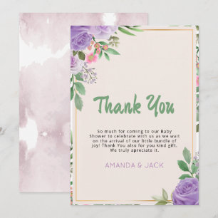 Butterfly Kisses Violet Flowers Baby Shower Thank You Card