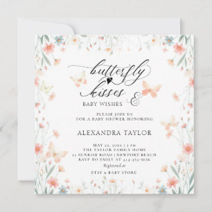 Butterfly Kisses Wild Coral Teal Girl Baby Shower Invitation