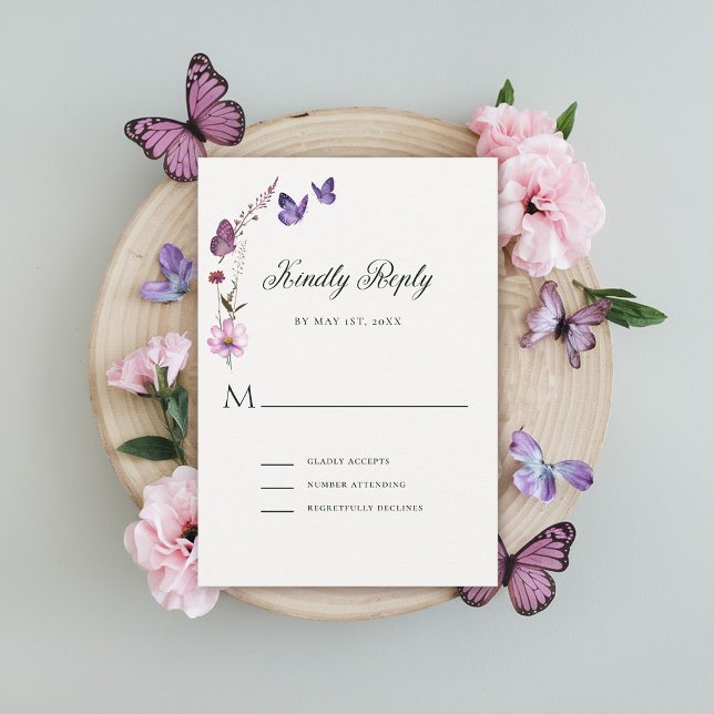 Butterfly Kisses Wild Purple Baby Girl Shower RSVP (butterflies wildflowers rsvp card baby shower bridal wedding birthday party spring summer garden)