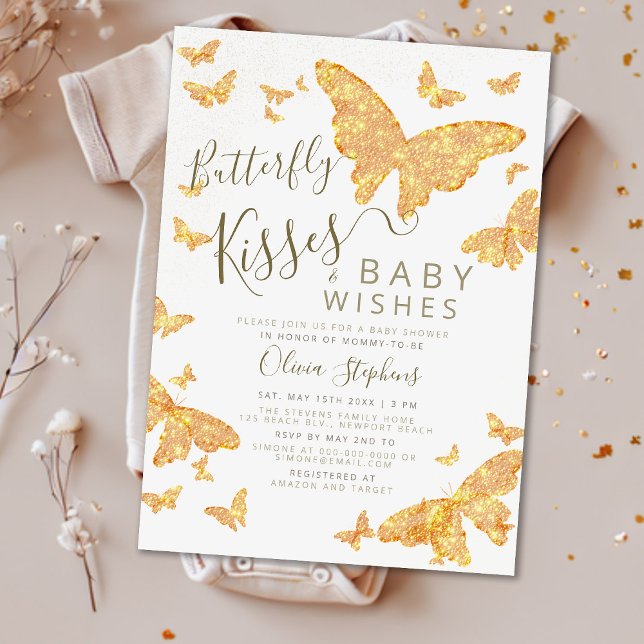 Butterfly Kisses Wishes Boho Chic Gold Baby Shower Invitation (Creator Uploaded)