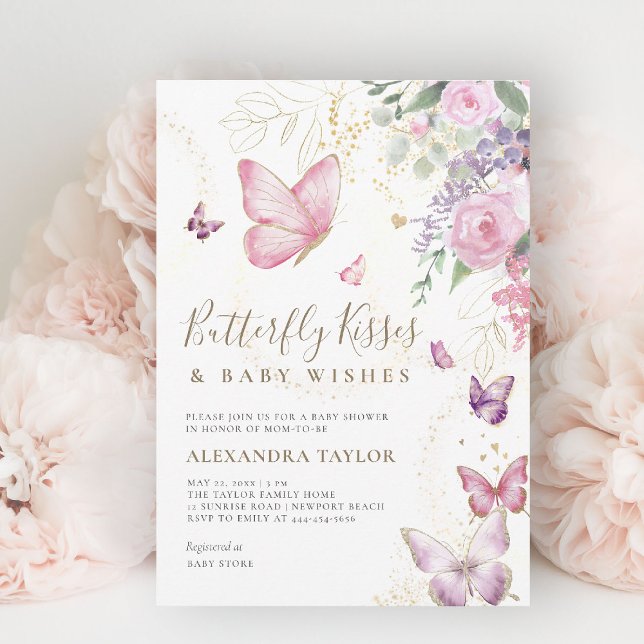 Butterfly Kisses Wishes Floral Baby Girl Shower Invitation (butterflies baby shower invitation butterfly kisses pink purple gold floral elegant garden party)