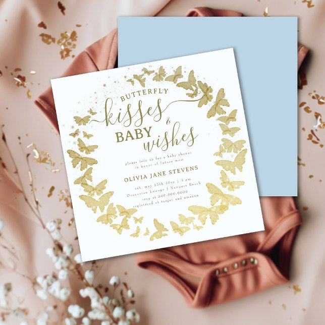 Butterfly Kisses Wishes Gold Blue Boy Baby Shower Invitation (Creator Uploaded)