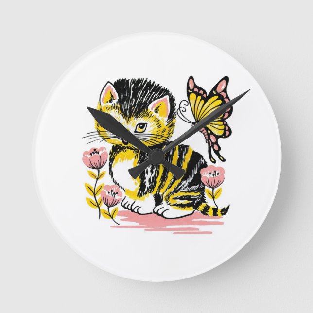 Butterfly & Kitten Round Clock (Front)
