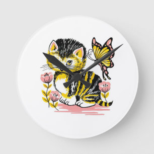 Butterfly & Kitten Round Clock