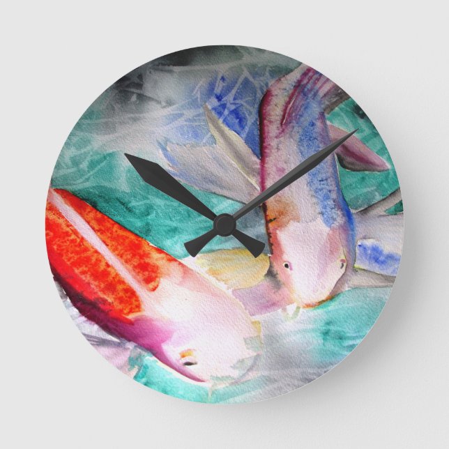 Butterfly Koi watercolour Japanese Fish Art Round Clock (Front)