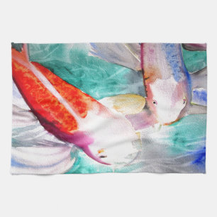 Butterfly Koi watercolour Japanese Fish Art Tea Towel