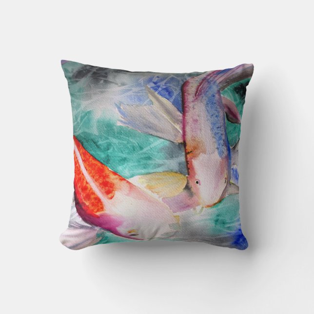 Butterfly Koi watercolour Japanese Fish painting Cushion (Front)