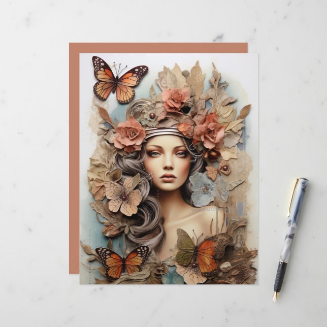Butterfly Lady with flowers Art Page (Front/Back In Situ)
