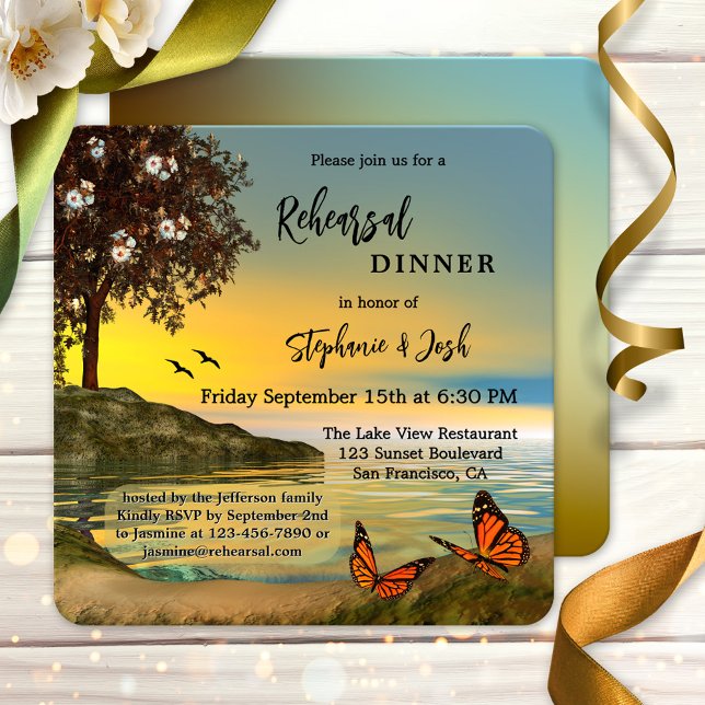 Butterfly Lake Rehearsal Dinner Invitation (Rehearsal Dinner invitation featuring a painting of a coastal landscape scene with butterflies)