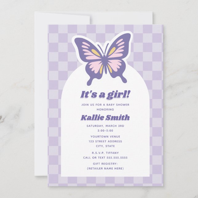 Butterfly Lavender Chequerboard Girl Baby Shower Invitation (Front)