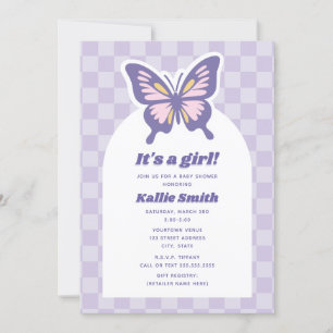 Butterfly Lavender Chequerboard Girl Baby Shower Invitation
