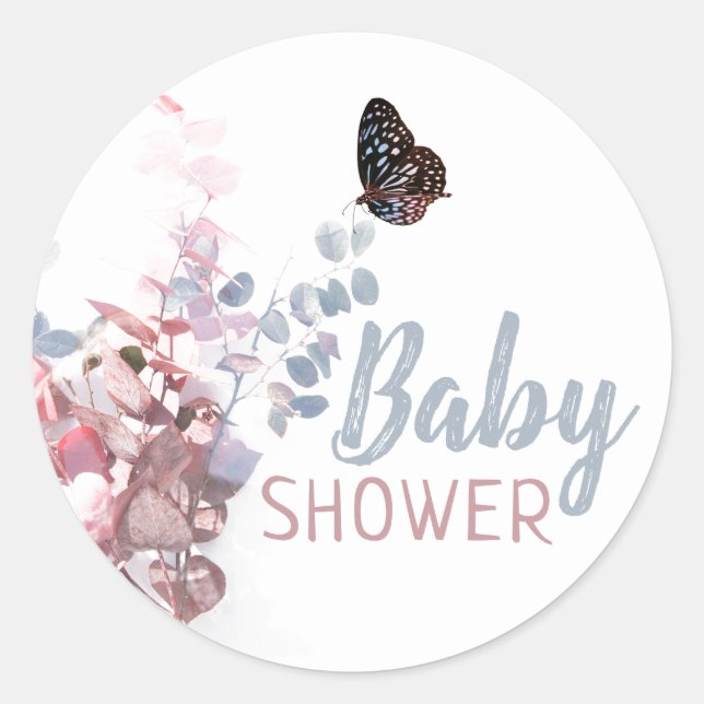 Butterfly Leaves, Elegant Baby Shower Classic Round Sticker (Front)