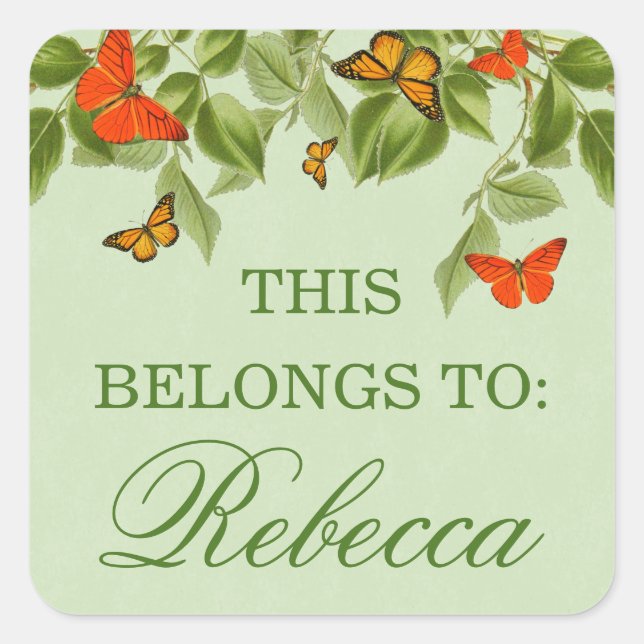 Butterfly & leaves green nature name sticker (Front)